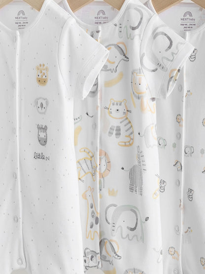 White Safari Animal Embroidered Jersey Baby Rompers 3 Pack - Size 50cm (First Size)