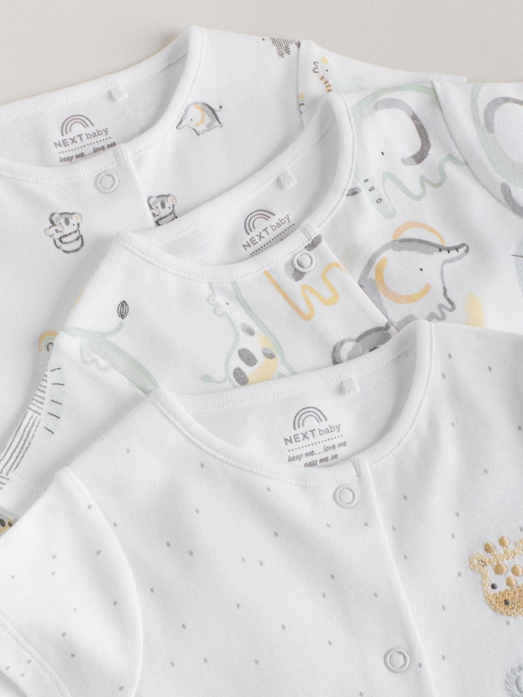 White Safari Animal Embroidered Jersey Baby Rompers 3 Pack - Size 50cm (First Size)