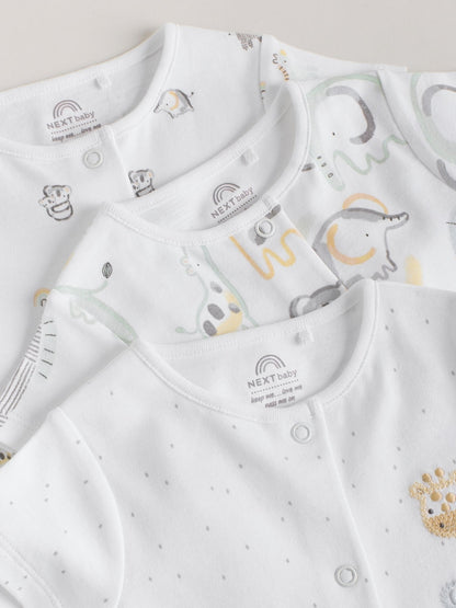 White Safari Animal Embroidered Jersey Baby Rompers 3 Pack - Size 50cm (First Size)