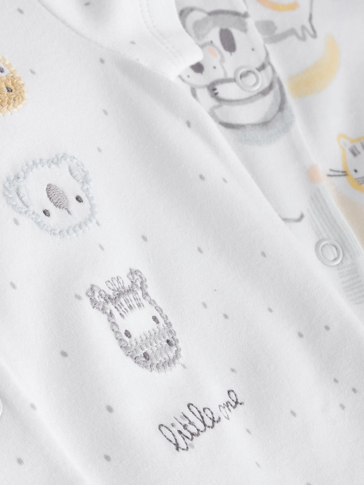 White Safari Animal Embroidered Jersey Baby Rompers 3 Pack - Size 50cm (First Size)