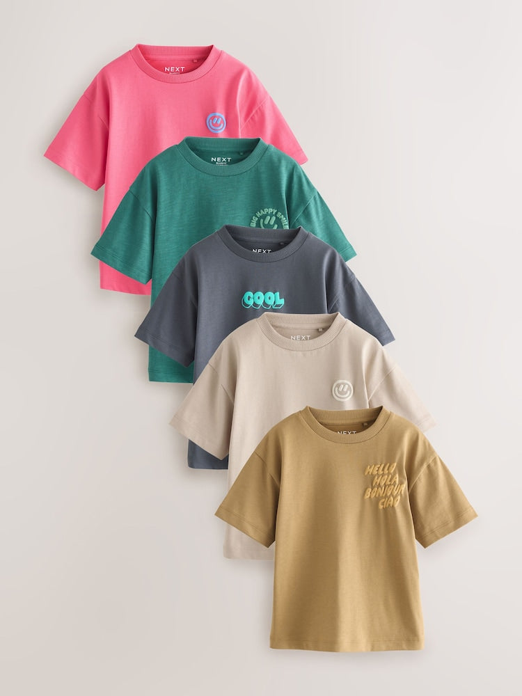 Green/Charcoal/Stone/Pink/Brown Small Short Sleeve Graphic T-Shirts 5 Pack (3mths-7yrs) - Size 3-6 Months (62-68cm)