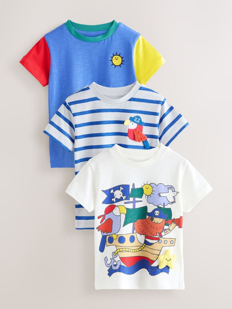 Blue Pirates Short Sleeve Appliqué T-Shirts 3 Pack (3mths-7yrs) - Size 3-6 Months (62-68cm) - Blue Pirates