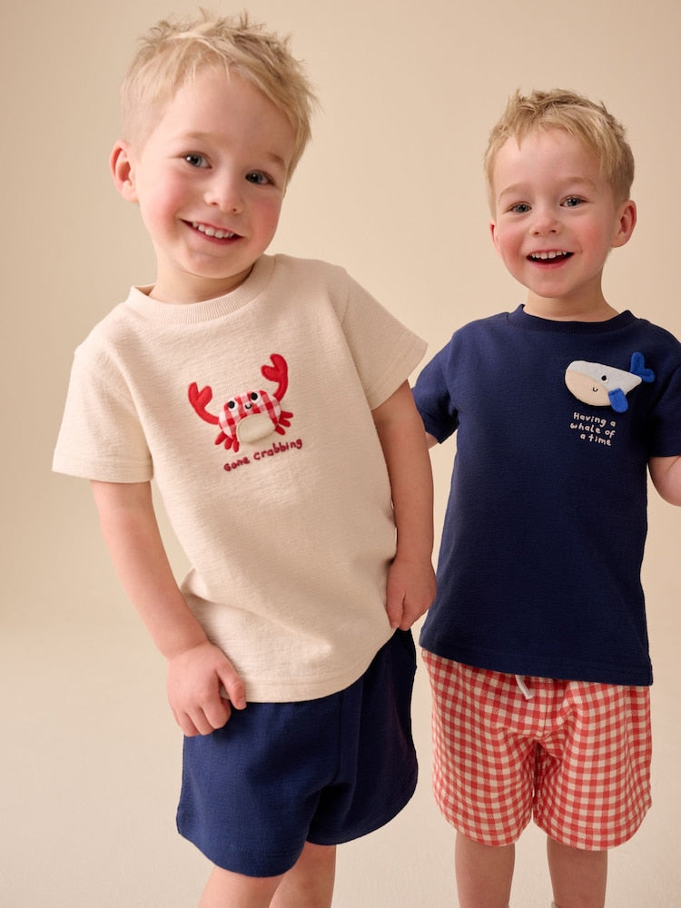 Navy/Cream Padded Sea Animals Short Sleeve T-Shirt and Shorts Set 2 Pack (3mths-7yrs) - Size 3-6 Months (62-68cm) - Navy/Cream Padded Sea Animals