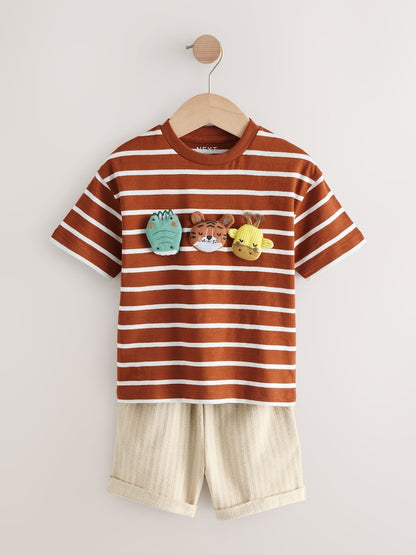 Rust Brown Stripe Padded Animals Short Sleeve T-Shirt and Shorts Set (3mths-7yrs) - Size 3-6 Months (62-68cm) - Rust Brown Stripe Padded Animals