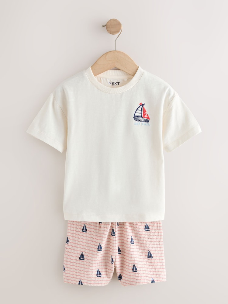 White Boat Embroidery Short Sleeve T-Shirt and Shorts Set (3mths-7yrs)