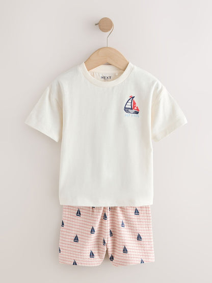White Boat Embroidery Short Sleeve T-Shirt and Shorts Set (3mths-7yrs)