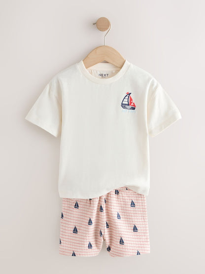 White Boat Embroidery Short Sleeve T-Shirt and Shorts Set (3mths-7yrs)