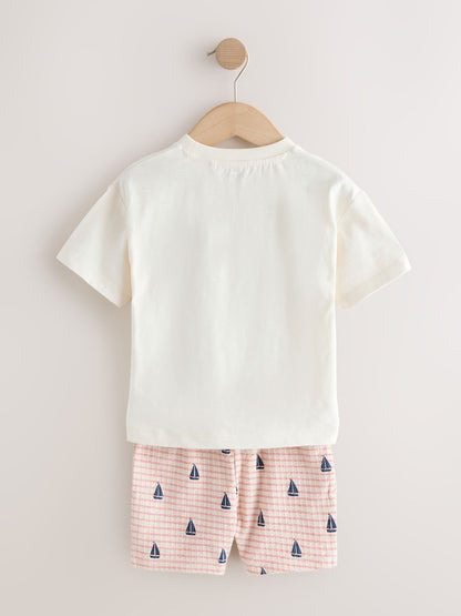 White Boat Embroidery Short Sleeve T-Shirt and Shorts Set (3mths-7yrs)