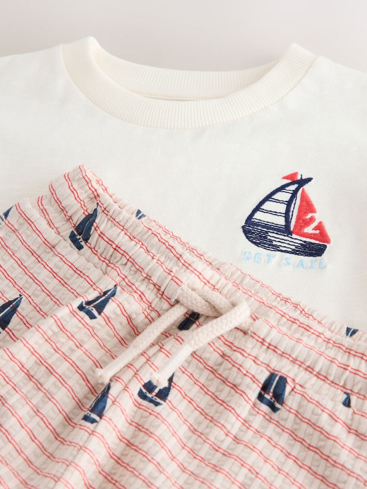 White Boat Embroidery Short Sleeve T-Shirt and Shorts Set (3mths-7yrs)