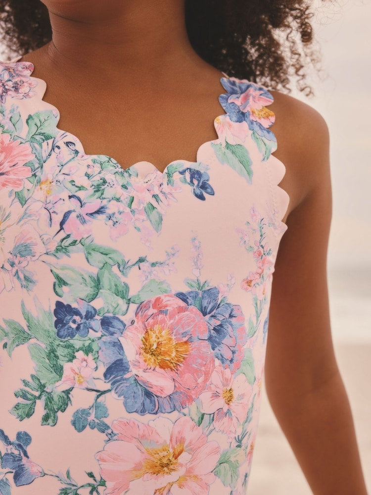 Pink Floral Scallop Edge Swimsuit (3-16yrs) - Size 3 Years (98cm)