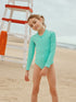 Mint Green Shell Textured Long Sleeve Sunsafe Swimsuit (3-16yrs) - Mint Green Shell / 13 Years (158cm)