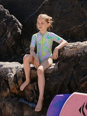 Lilac Purple Tropical Short Sleeved Sunsafe Swimsuit (3mths-16yrs) - Size 3 Years (98cm)