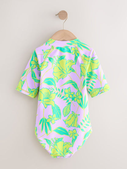 Lilac Purple Tropical Short Sleeved Sunsafe Swimsuit (3mths-16yrs) - Size 3 Years (98cm)