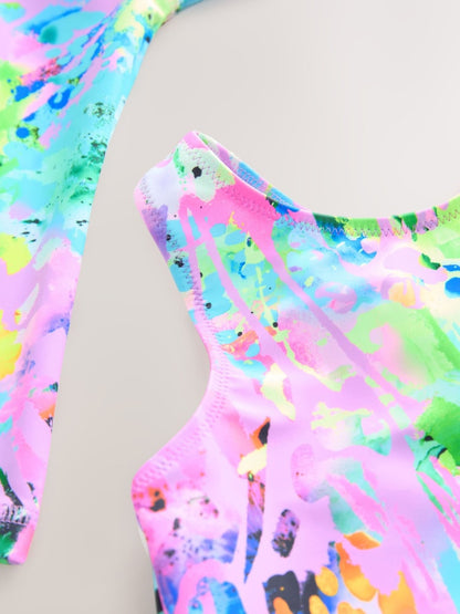 Pink Tie Dye Splat Sunsafe Rash Vest Bikini And Scrunchie Swim Set (3-16yrs)