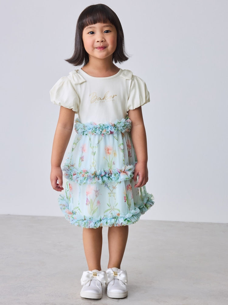 Baker by Ted Baker Floral Ruffle Mesh Mockable Blue Dress