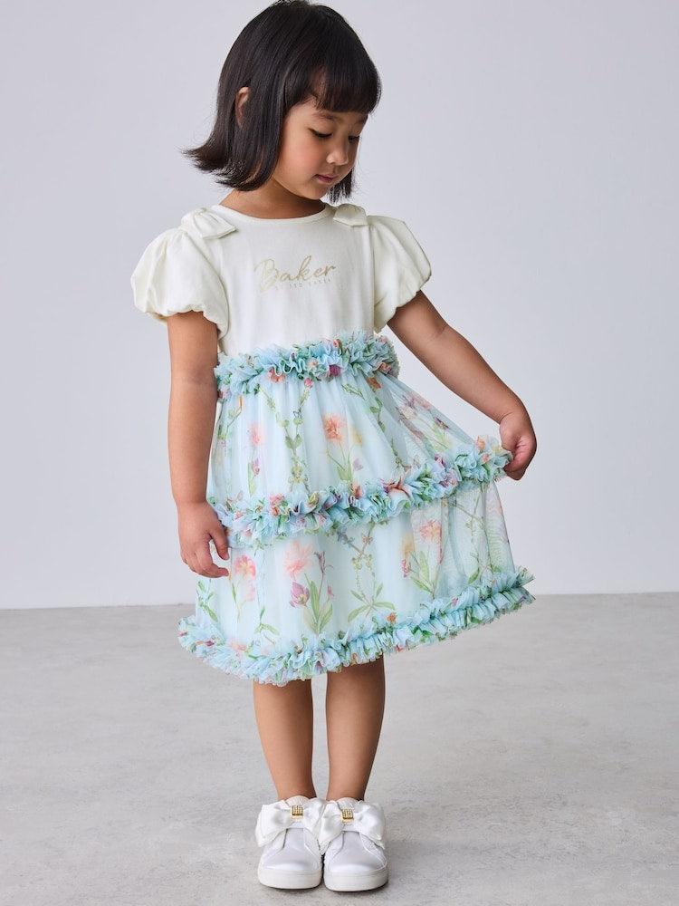 Baker by Ted Baker Floral Ruffle Mesh Mockable Blue Dress