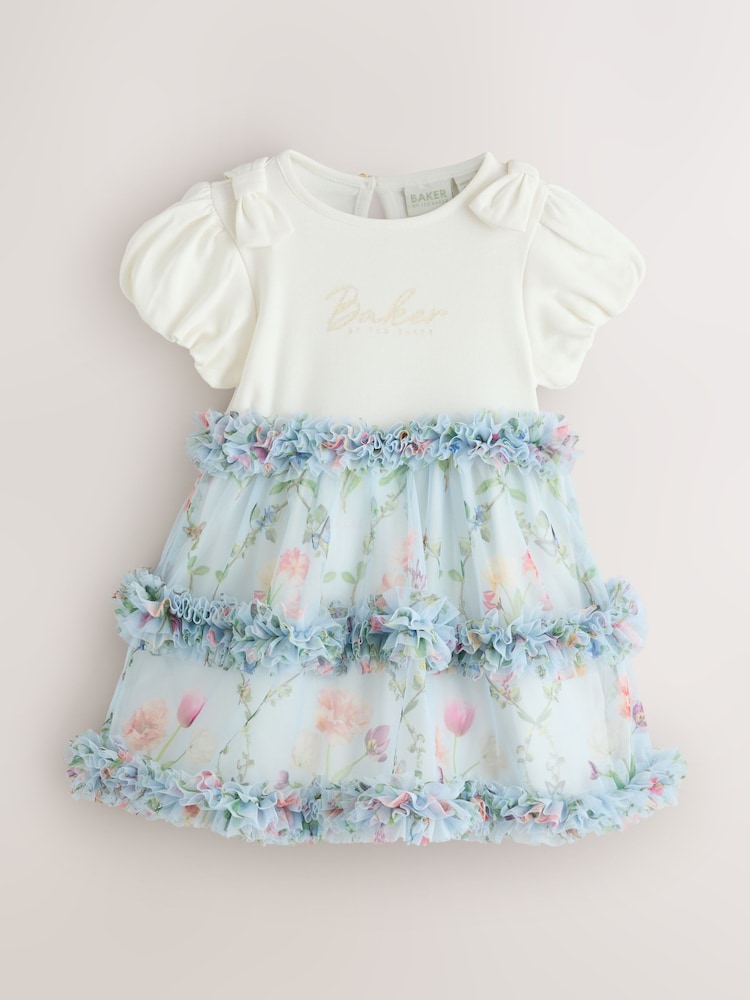 Baker by Ted Baker Floral Ruffle Mesh Mockable Blue Dress
