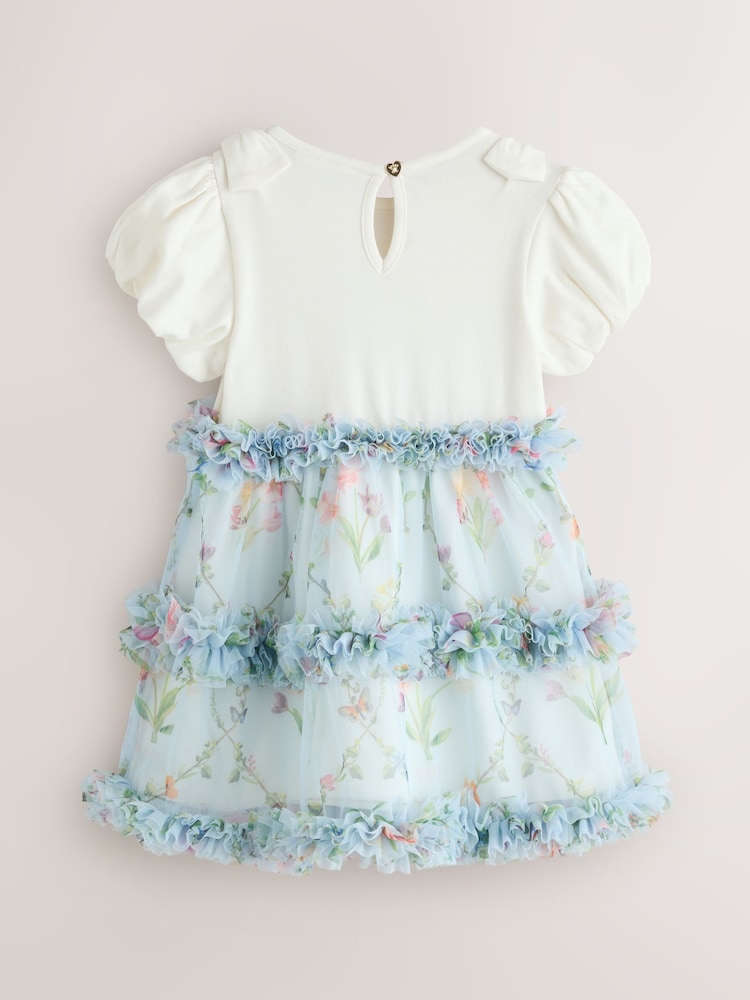 Baker by Ted Baker Floral Ruffle Mesh Mockable Blue Dress