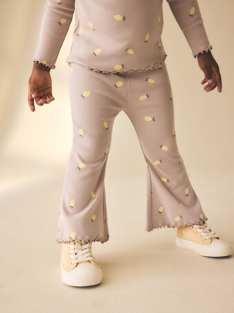 Neutral Lemon Print Rib Flare Leggings (3mths-7yrs)