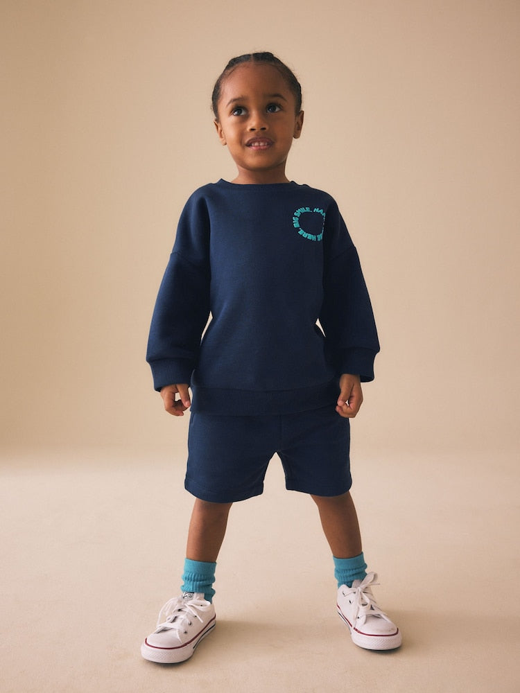 Navy Big Smile Crew Neck Sweatshirt and Shorts Set (3mths-7yrs)