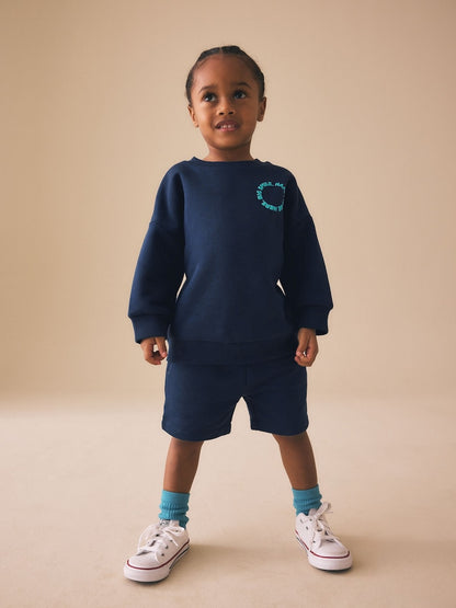 Navy Big Smile Crew Neck Sweatshirt and Shorts Set (3mths-7yrs) - Navy Big Smile / 12-18 Months (80-86cm)