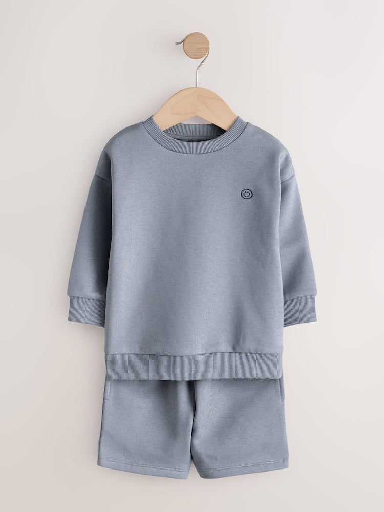 Blue/Grey 2 Pack Plain Crew Neck Sweatshirt and Shorts Set (3mths-7yrs)