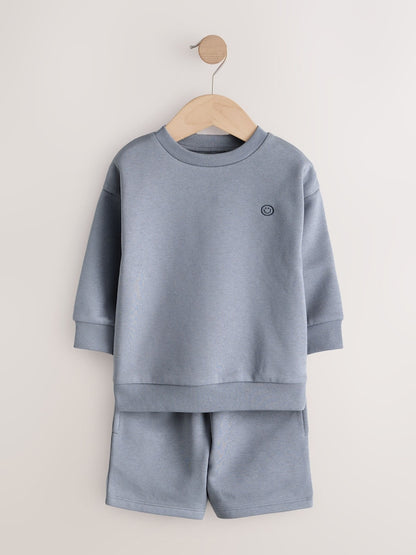 Blue/Grey 2 Pack Plain Crew Neck Sweatshirt and Shorts Set (3mths-7yrs)
