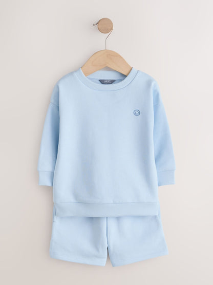 Blue/Grey 2 Pack Plain Crew Neck Sweatshirt and Shorts Set (3mths-7yrs)