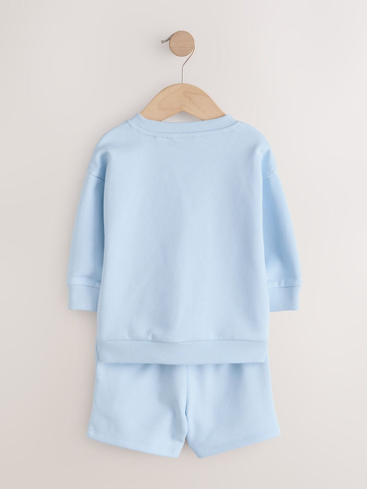 Blue/Grey 2 Pack Plain Crew Neck Sweatshirt and Shorts Set (3mths-7yrs)