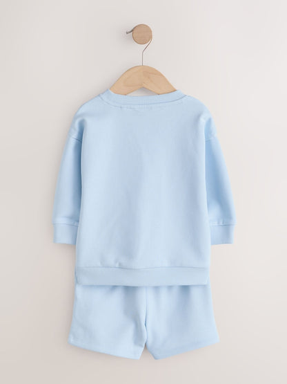 Blue/Grey 2 Pack Plain Crew Neck Sweatshirt and Shorts Set (3mths-7yrs)