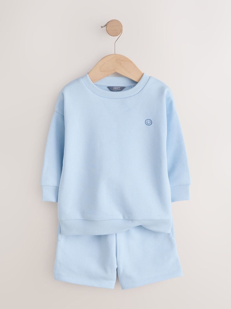 Blue/Grey 2 Pack Plain Crew Neck Sweatshirt and Shorts Set (3mths-7yrs)