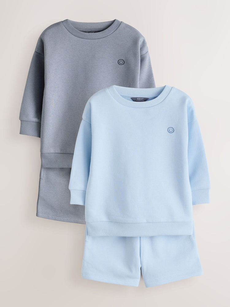Blue/Grey 2 Pack Plain Crew Neck Sweatshirt and Shorts Set (3mths-7yrs)