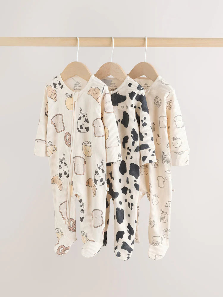 Neutral Two Way Zip Baby Sleepsuit 3 Pack (0-2yrs)