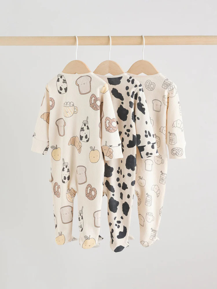 Neutral Two Way Zip Baby Sleepsuit 3 Pack (0-2yrs)