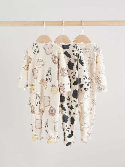 Neutral Two Way Zip Baby Sleepsuit 3 Pack (0-2yrs)