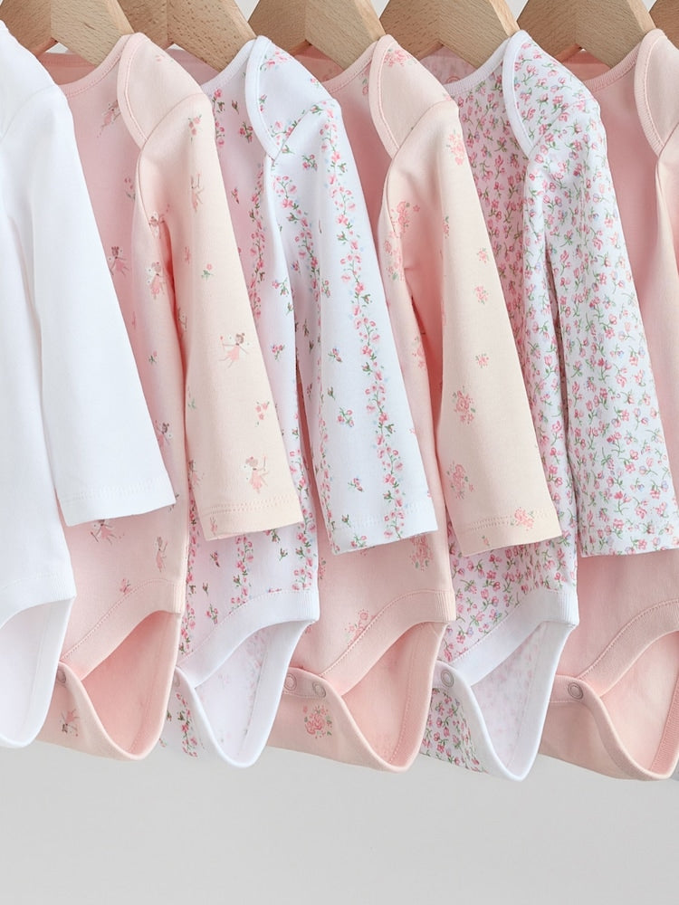 Pink 7 Pack Long Sleeve Baby Bodysuit
