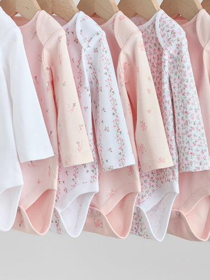 Pink 7 Pack Long Sleeve Baby Bodysuit