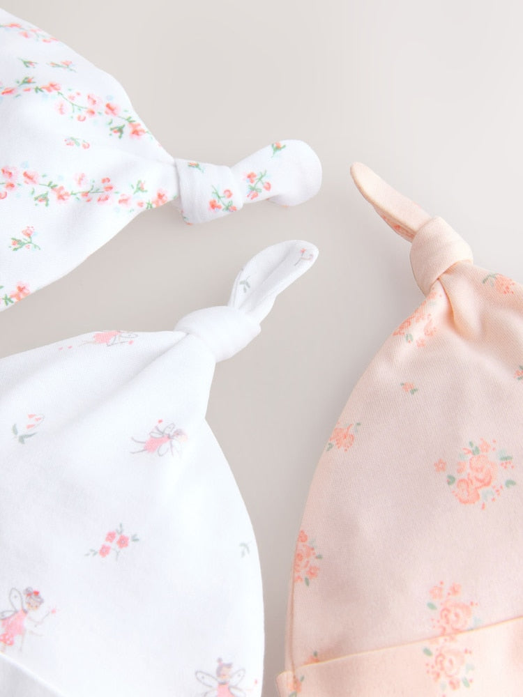 Pink/White Tie Top Baby Beanies 3 Pack (0-12mths) - Size 44cm (5lb)