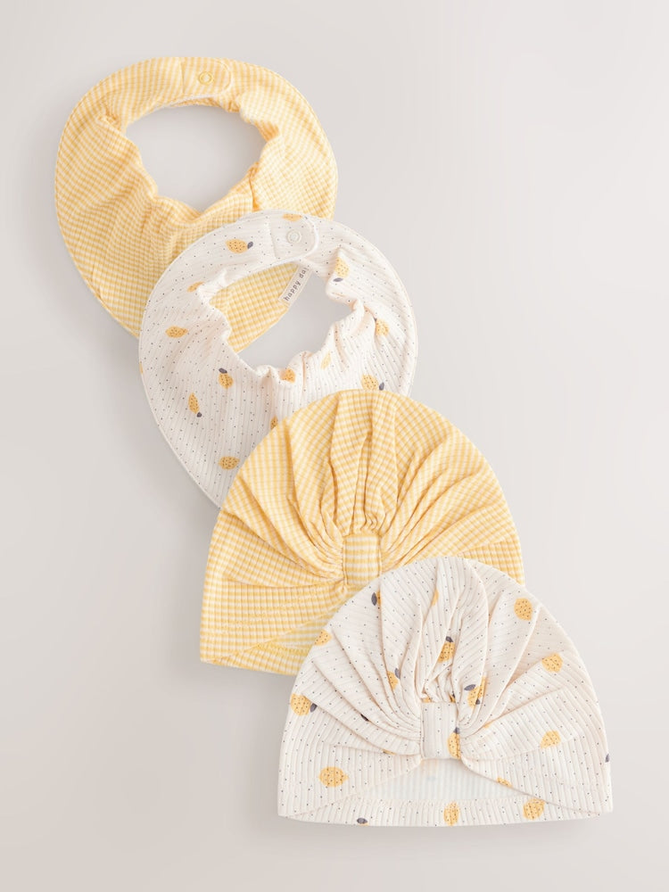 Yellow Baby Turban And Dribble Bib Set 4 Piece (0-18mths) - Up to 1 Month (50-56cm)