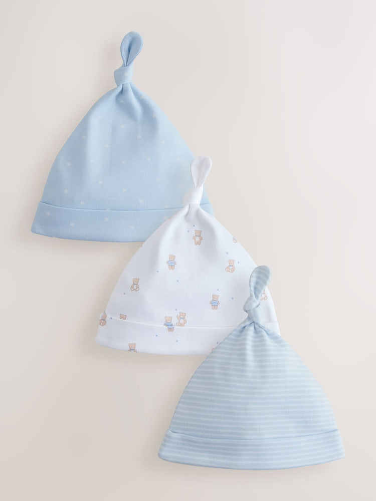 Blue Tie Top Baby Hats 3 Pack (0-12mths) - Size 44cm (5lb) - Blue Tie