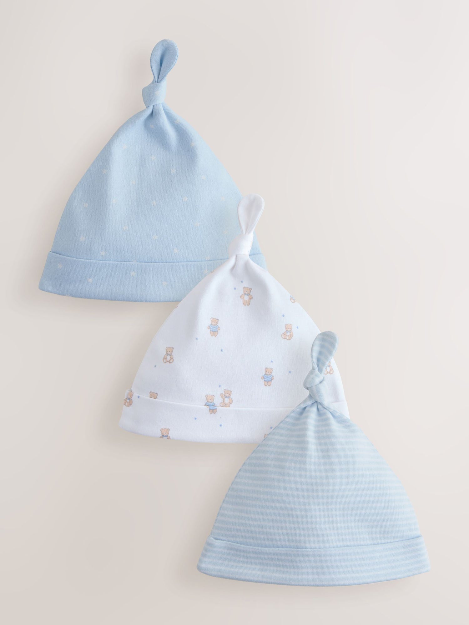 Blue Tie Top Baby Hats 3 Pack (0-12mths) - Size 44cm (5lb) - Default 1