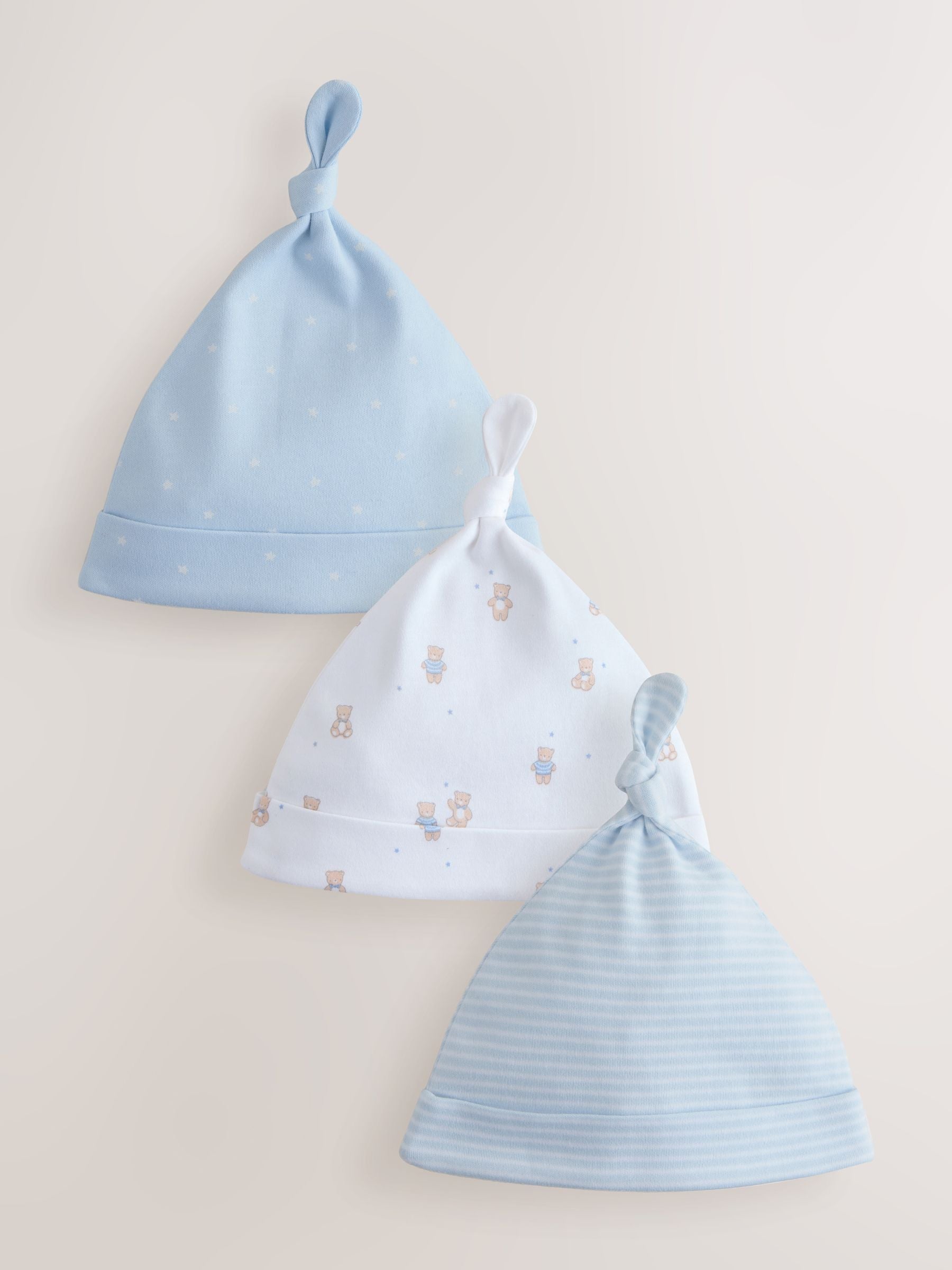 Blue Tie Top Baby Hats 3 Pack (0-12mths) - Size 44cm (5lb) - Default 1