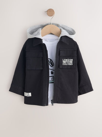 Black Ripstop Twill Hooded Overshirt and T-Shirt Set (3mths-7yrs)
