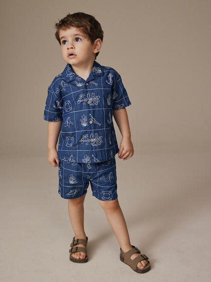 Blue Denim Sea Life Embroidery Short Sleeve Revere Collar Shirt &amp; Shorts Set (3mths-10yrs) - Blue Denim Sea Life Embroidery / 12-18 Months (80-86cm)