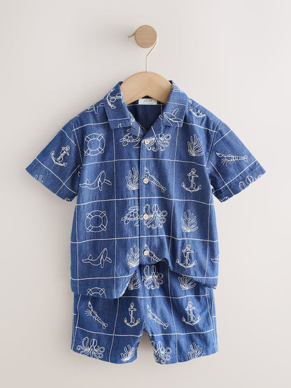 Blue Denim Sea Life Embroidery Short Sleeve Revere Collar Shirt &amp; Shorts Set (3mths-10yrs)