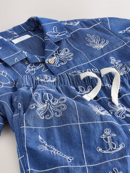 Blue Denim Sea Life Embroidery Short Sleeve Revere Collar Shirt &amp; Shorts Set (3mths-10yrs)