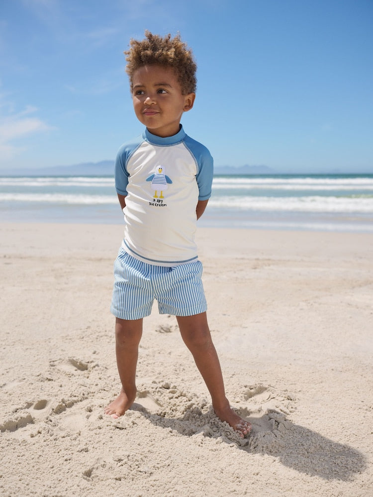 Blue/Ecru Seagull Short Sleeve Sunsafe Rash Vest and Swim Shorts Set (3mths-7yrs)
