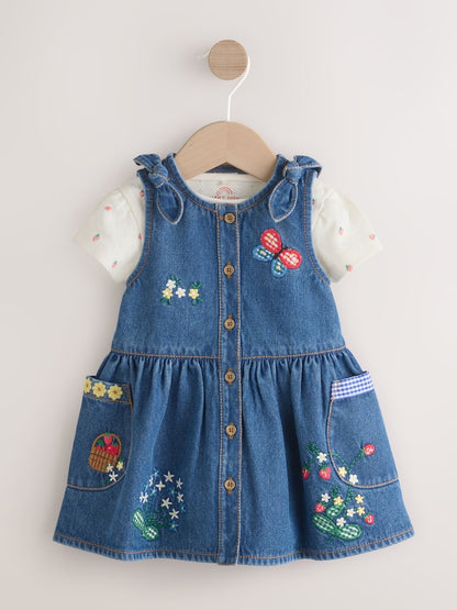 Denim Pinafore Baby Short Sleeve Bodysuit 2 Piece Set (0mths-2yrs)