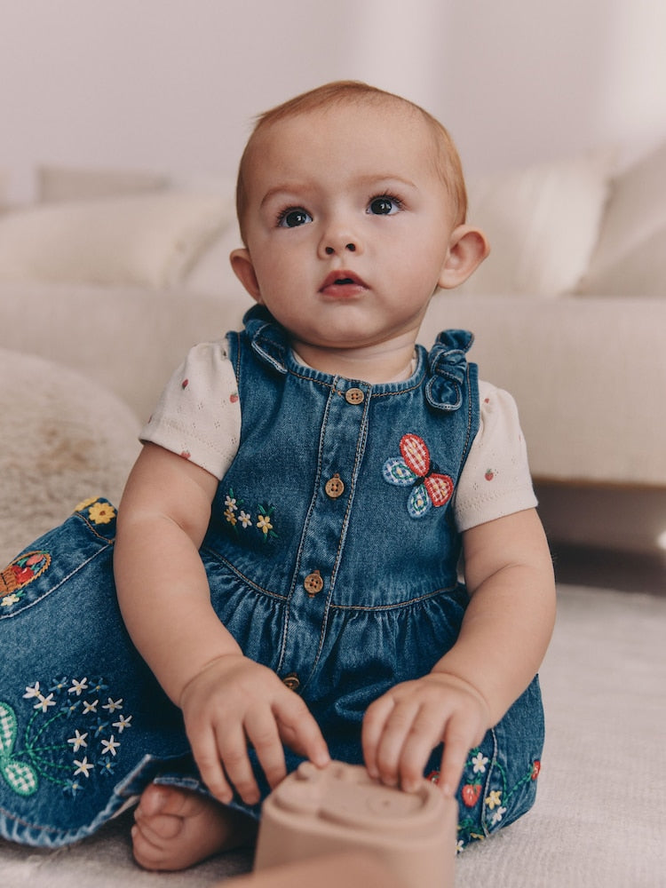 Denim Pinafore Baby Short Sleeve Bodysuit 2 Piece Set (0mths-2yrs)