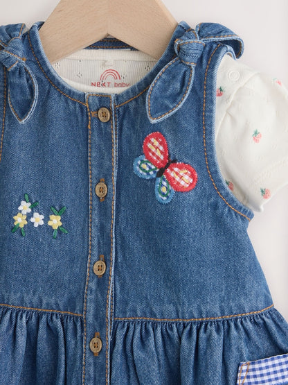 Denim Pinafore Baby Short Sleeve Bodysuit 2 Piece Set (0mths-2yrs)